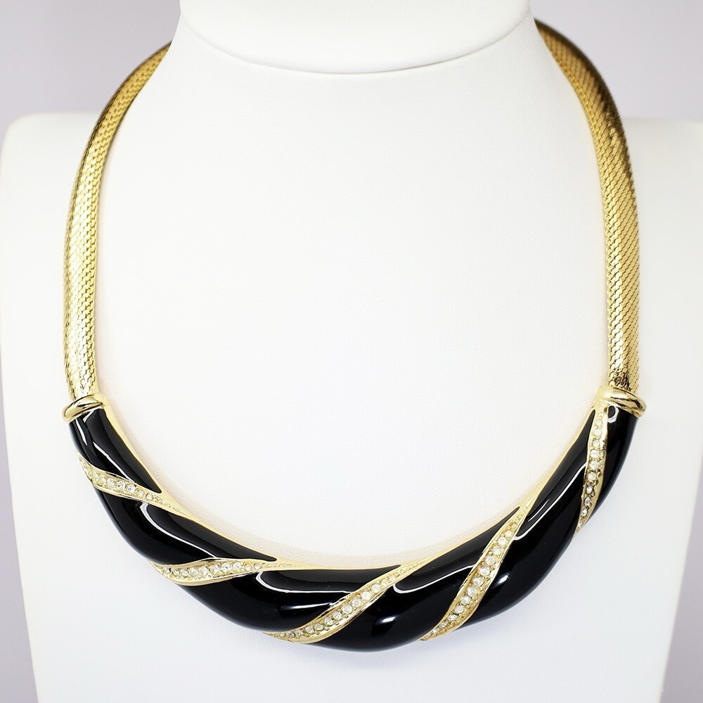 Vintage Dior Necklace Bold Black Enamel Rhinestone Designer Piece - Picture 14 of 14